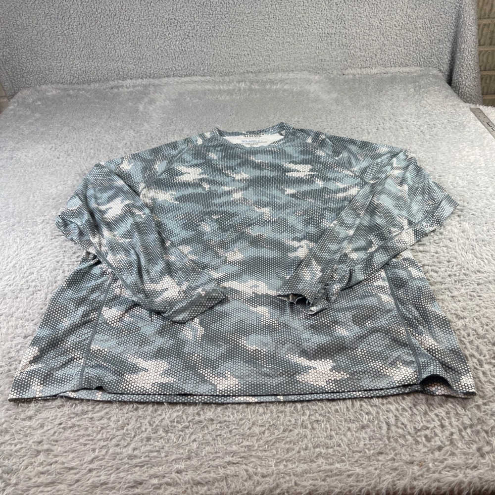 Simms SolarFlex Fishing Shirt Mens 2XL Blue Camo Long Sleeve UPF Performance Tee